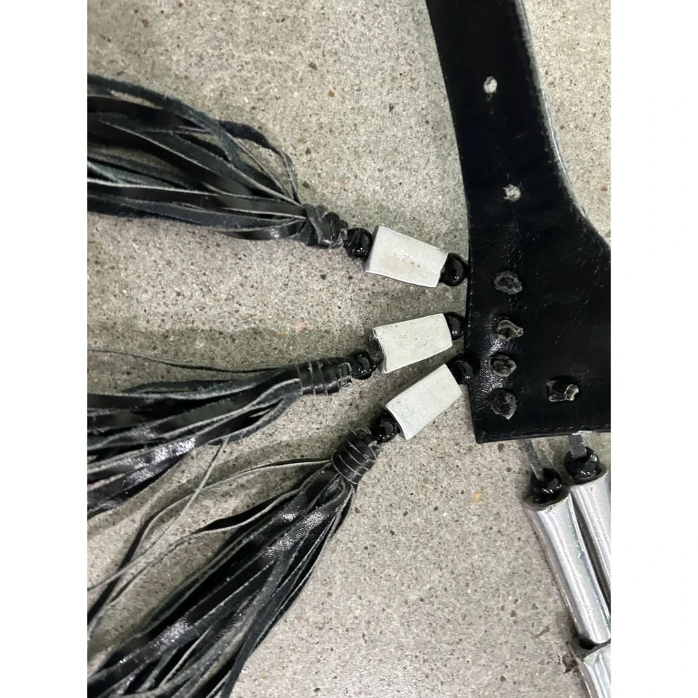 Barrel Bead & Tassel Black Leather Belt Boho Festival Biker Punk‎ 34-40